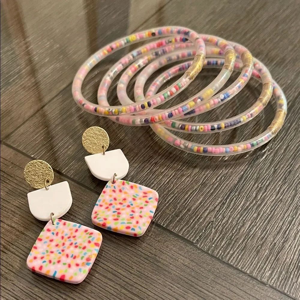 Colorful Confetti Jelly Bangles and Confetti Earrings